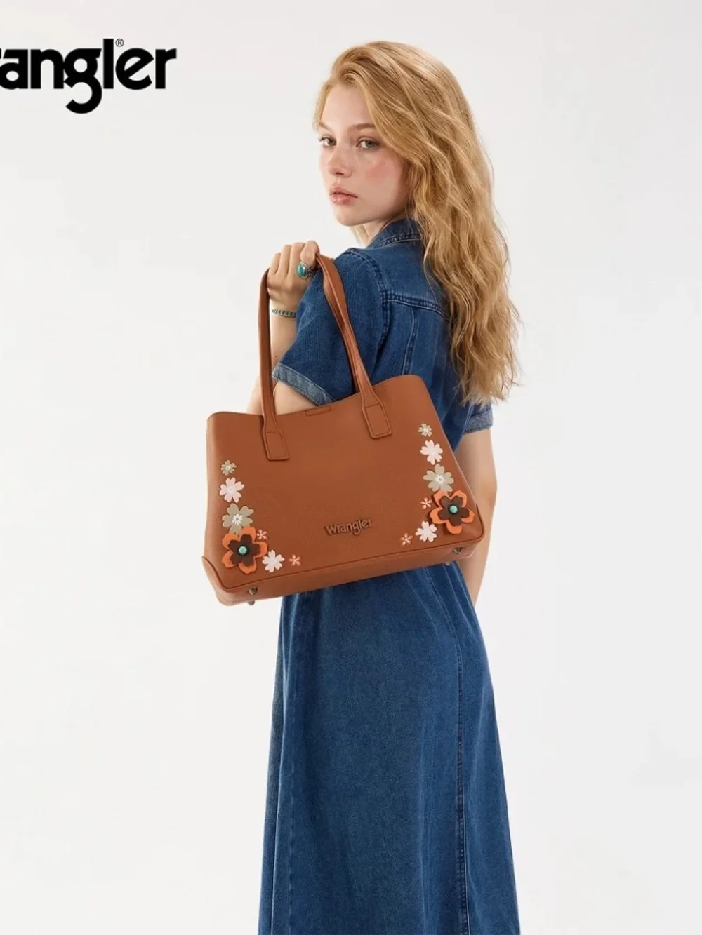 Wrangler Floral Accent Tote Shoulder Bag Brown